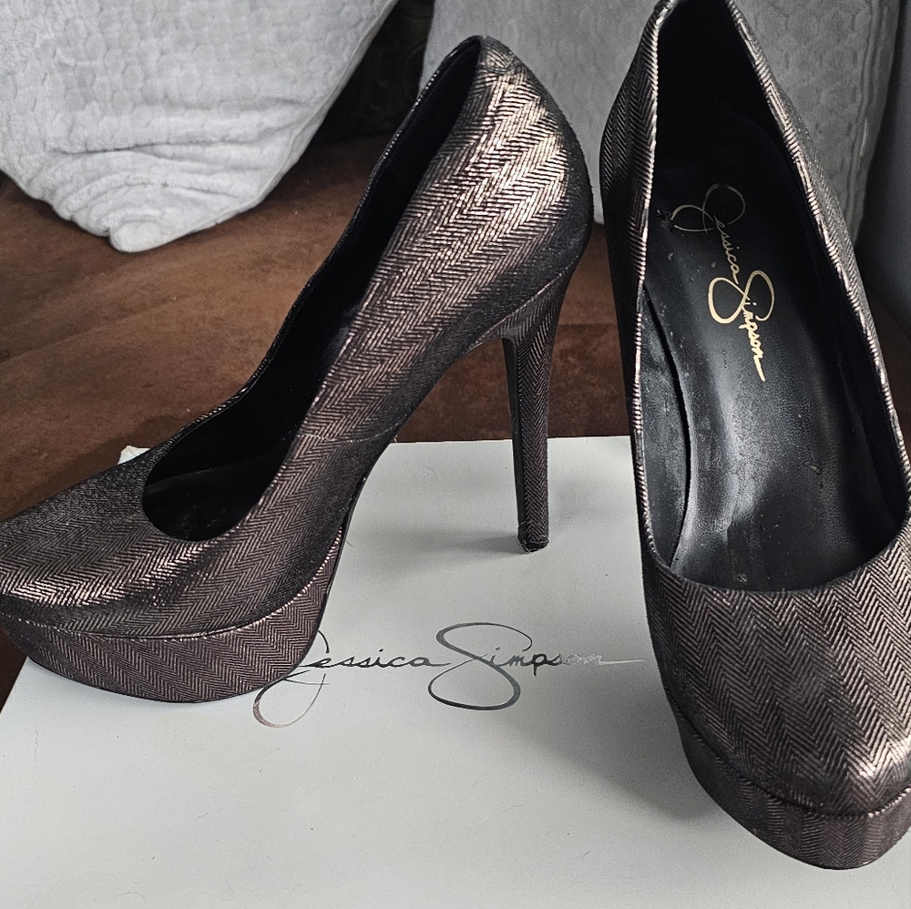 Herringbone Shimmer Platform Pumps